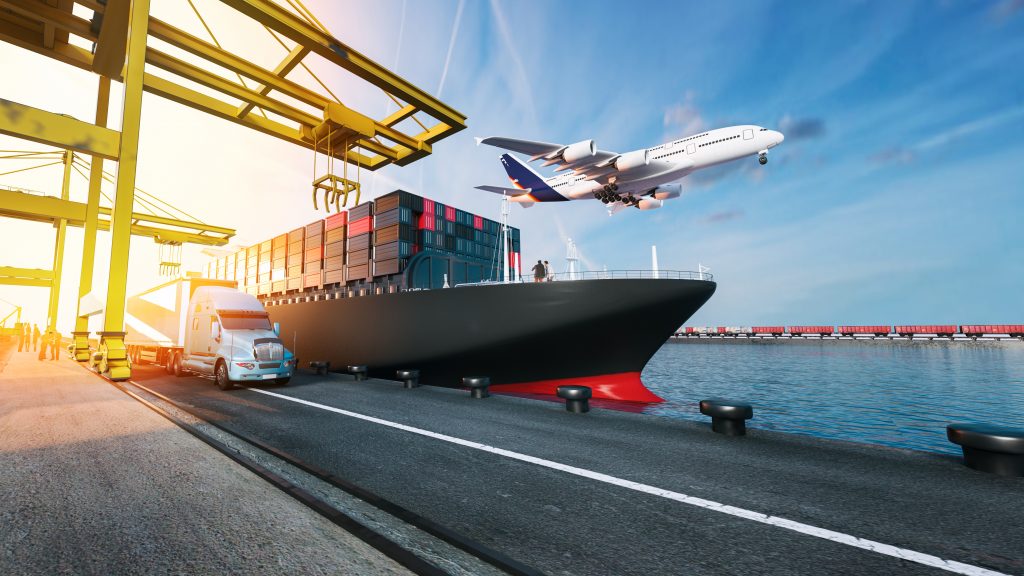 An image of a freight ship, plane and truck, indicating the different forms of Freight Forwarding.