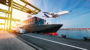 An image of a freight ship, plane and truck, indicating the different forms of Freight Forwarding.