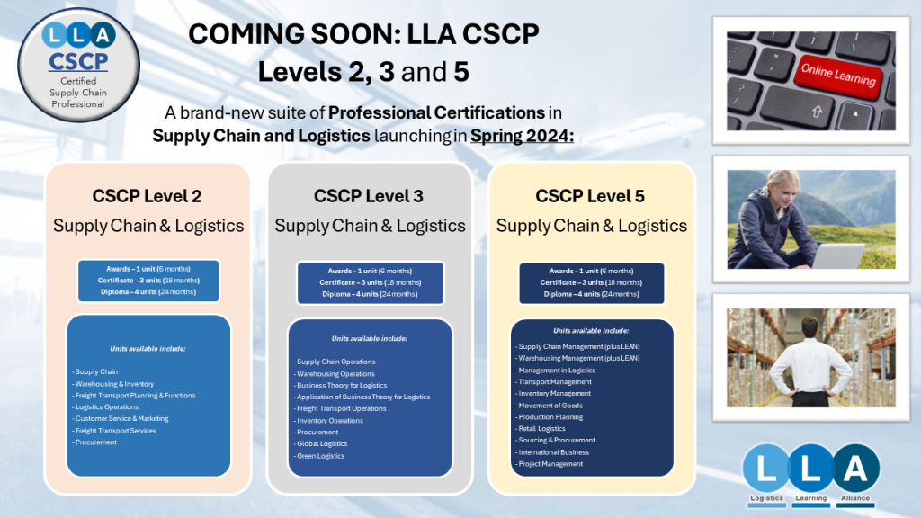 We are delighted to announce that we will soon be launching a brand-new suite of Professional Certifications for distance learning. Our new CSCP (Certified Supply Chain Professional) Supply Chain & Logistics courses will officially launch in Spring 2024. With three levels of experience available, these courses will be available to study as Awards, Certificates and Diplomas.